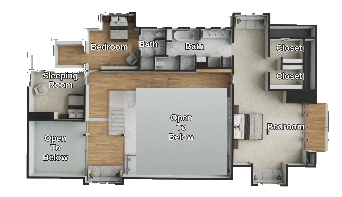 Casa de Chamizal second-floor plan — bedrooms, sleeping room, baths, closets, and the open-to-below over the great room